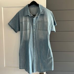 Women’s Denim Shirt Dress Short Sleeve Distressed Jean Button Down Tunic Top